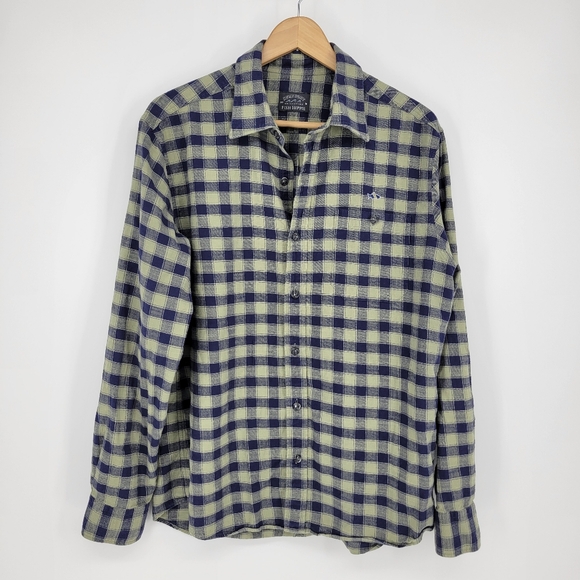 Fish Hippie mens L button-down shirt green blue check rumfront collection casual - Picture 1 of 10